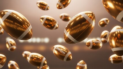 Golden footballs floating in stadium with bokeh lights