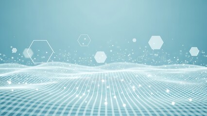 Abstract digital landscape with glowing grid and hexagons