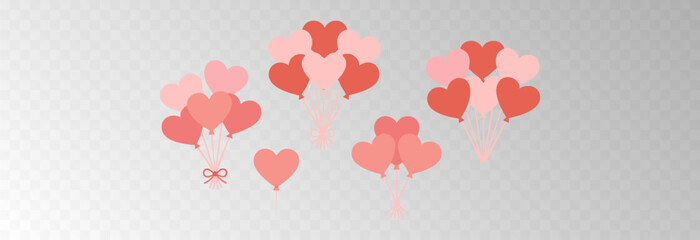 Pink balloon heart on an isolated transparent background. Balloon heart png. Bunch of balloons for love, birthday and party design. Valentine’s Day, Mother’s Day, Women’s Day. Vector illustration.