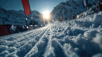 Close up winter ski slope with fresh snow texture at sunrise, professional alpine ski racing start gate, winter sports competition atmosphere 2026 Milano Cortina Italy