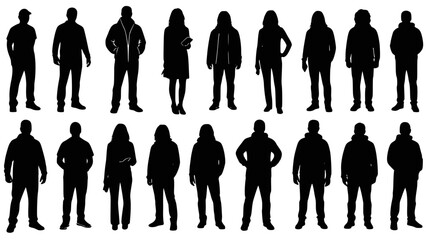 Vector silhouettes men and women, illustration. Silhouettes of young people posing in casual clothes. Transparent background SVG version.