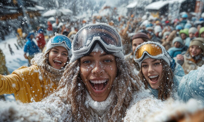 Joyful diverse winter sports fans celebrating and cheering outdoors in snowy alpine mountain resort wearing ski goggles and warm clothing