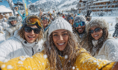 Diverse group of joyful winter sports fans dressed in warm clothing taking selfie in snowy alpine resort with mountains background during sunny day