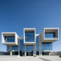 Obraz premium Modern gray geometric building with large glass windows and blue sky. Contemporary architecture for office, business space, or residential use.