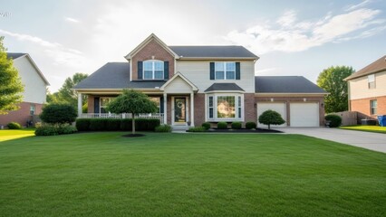 Classic two-story suburban house with large green lawn and brick facade. Real estate property for sale or family home concept.