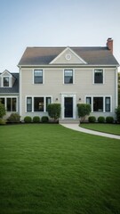 Fototapeta premium Spacious suburban home with neat green lawn and winding path leading to the front door. American residential architecture for real estate and family living concept.