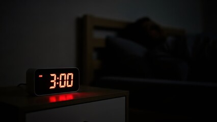 Digital alarm clock displaying 3:00 am on a bedside table in a dark bedroom with a person sleeping in the background, a concept for insomnia, restless nights.