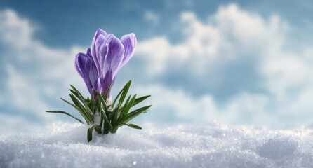 Purple crocus blooming through snow with spring sky background