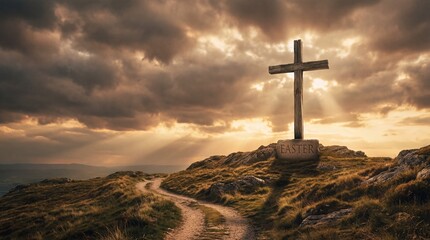 Wooden Cross on Hilltop Against Dramatic Sky Cinematic Easter Monday Concept  