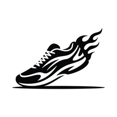 Running shoe with fire flames vector illustration representing speed and motion in minimalist black and white silhouette design