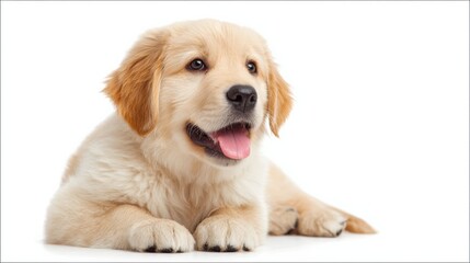 Majestic Golden Retriever Puppy Lying Down Happily With Tongue out on a Clean White Background Ready for Dog Food Branding and Family Pet Promotions