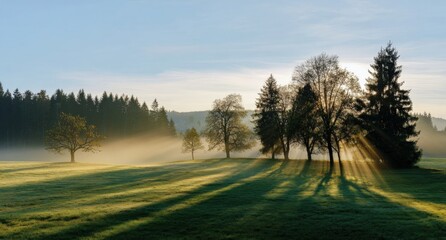 Sunrise over misty forest with tree shadows on grass