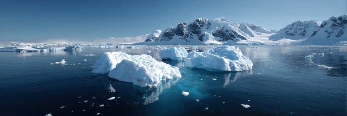 Majestic antarctic landscape with floating icebergs under clear blue sky