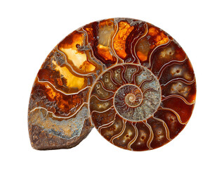 Section of an ammonite fossil with golden amber colors isolated on transparent or white background, png