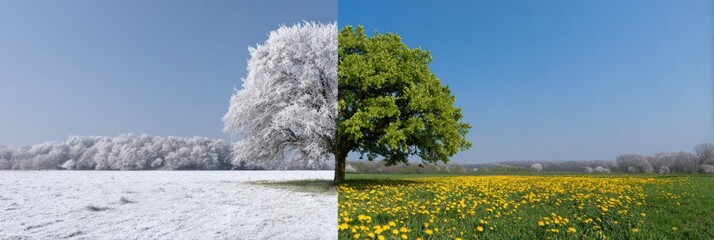 Obraz premium Contrast of winter and spring: snowy landscape meets blossoming meadow