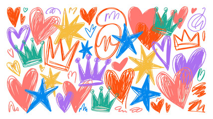 Obraz premium A colorful and creative collection of doodles including hearts, stars, and crowns.