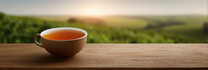 Serene sunrise with cup of tea on wooden surface overlooking green hills