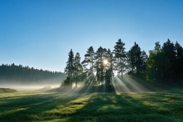 Sunlight streaming through forest trees at sunrise