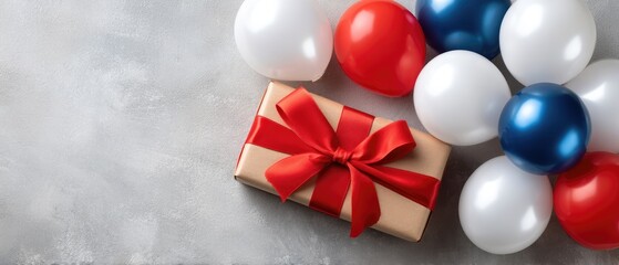 Fourth of July celebration banner with gift box and balloons for holiday party decoration on a light background
