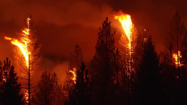 Wildfire crown fire at night in dense forest with flames and smoke spreading on pine treetops