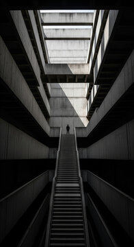 Lone Figure Descending Vast Brutalist Concrete Staircase