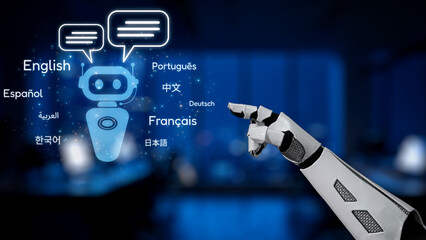 A robotic arm engages in a digital conversation, showcasing multilingual capabilities through speech bubbles in a sleek, modern office environment. Synapse