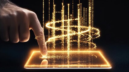 Man interaction with glowing touch screen tablet showing data visualization and digital technology concept - Powered by Adobe