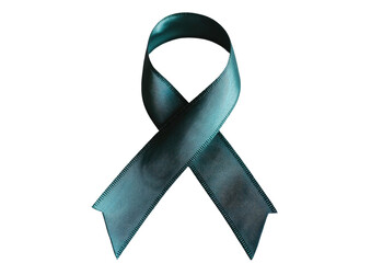 Teal ribbon symbolic support emblem on a solid black background
