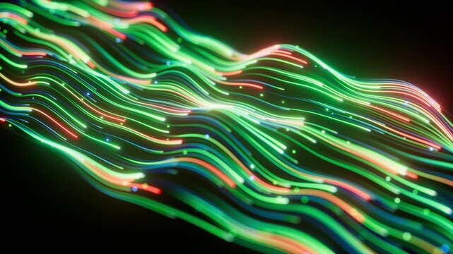looping 3d animation. Abstract background of glowing green and red neon wavy lines and bokeh lights. Data streaming concept. Sound wave equalizer chart, frequency graph