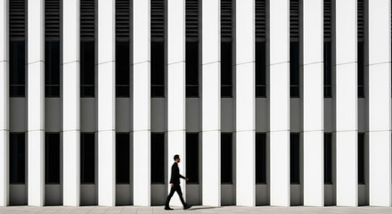 Side Profile of Man Walking Past Abstract White Fins