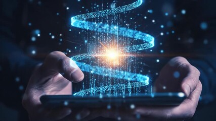 Man holding smartphone with ascending light particle stream and spiral data transfer for communication technology - Powered by Adobe