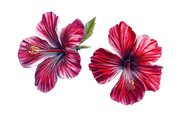 Two bright red hibiscus blooms, with petal details