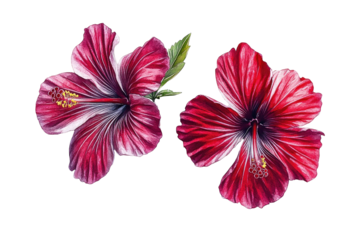 Two bright red hibiscus blooms, with petal details