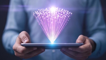 Man holding digital tablet with optical fiber network animation for fast internet connection and communication technology - Powered by Adobe