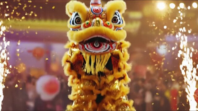 Lion dance performance with traditional costume and fireworks. Chinese New Year celebration, cultural festival event concept.