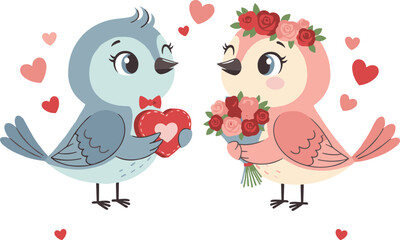 Obraz premium Valentine’s Day cartoon birds with heart gift, rose bouquet, romantic symbols, cute couple illustration, festive love celebration design