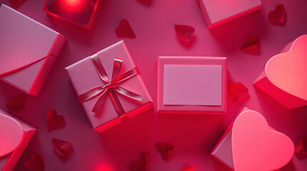 pink gift box with ribbon and hearts. Topview. Valentines gift