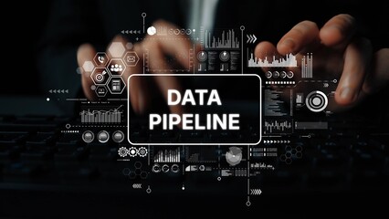 Hands typing on keyboard with digital interface displaying data pipeline graphics and analytical charts in background. Asymptotic smart data analytic.