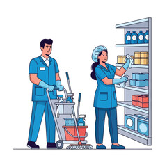 Janitorial staff restocking supplies in a storage room