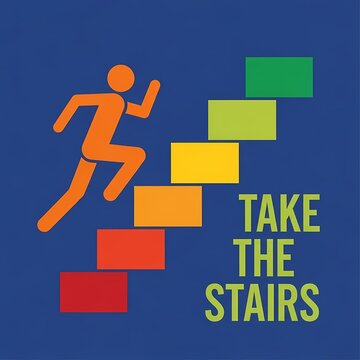 National Take the Stairs Day Colorful Fitness Graphic

Vibrant Rainbow Stairs Illustration for Health Awareness

Orange Stick Figure Running Up Stairs Concept

Motivational "Take the Stairs" Poster on