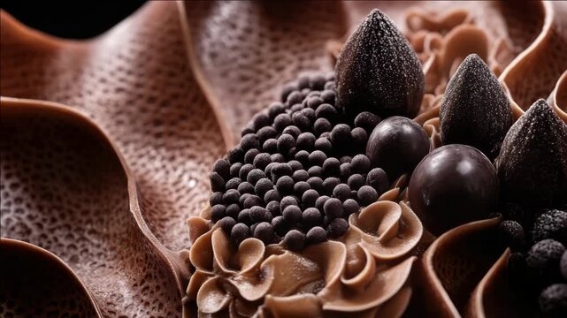 A delectable dessert featuring dark and light chocolate pieces, possibly including truffles, arranged meticulously to create a visually appealing treat.