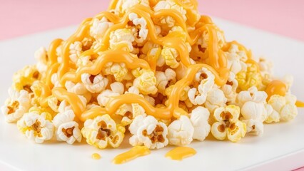 A close up view of delicious caramel popcorn on white plate with pink background
