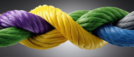 Color ropes connect to form a shape representing community network and collaboration in a diverse business environment