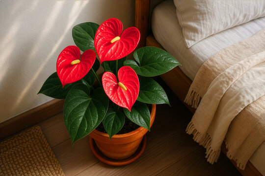 Red anthurium flowers in terracotta pot next to cozy bed