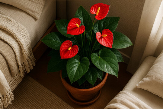 Red anthurium laceleaf plant with heart flowers top view indoors