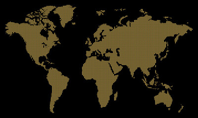 Fototapeta premium Luxury golden dotted world map illustration on dark background for global business, finance, and international presentation designs