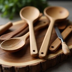  A close-up shot of a collection of handcrafted wooden kitchen utensils, including spoons, spatulas, and hooks, arranged on a rough-hewn wooden board. The warm tones of the wood are highlighted by sof