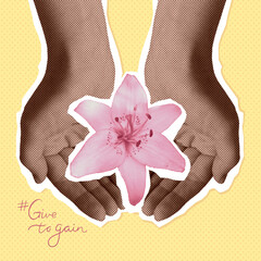 Give to gain concept with human hands holding a flower. Collage with halftone cupped hands and lily flower. Vector illustration