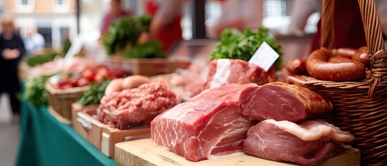 Display of meat products at a market stall showcasing sausages, ham, and bacon with fresh ingredients in the background captured in a realistic style