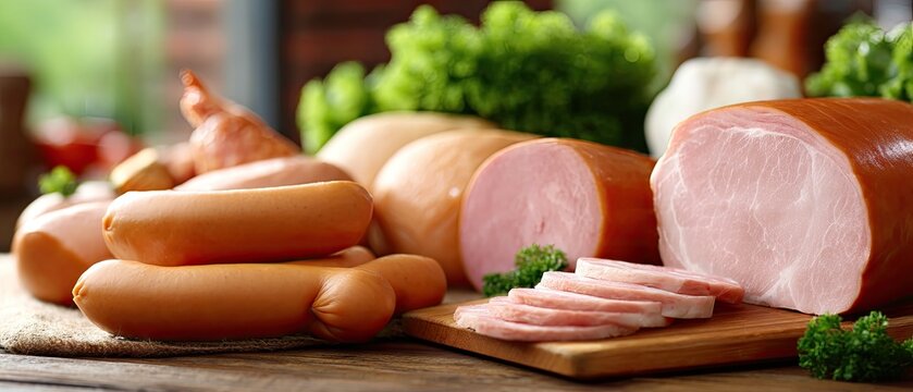 Display of meat products at market stall including sausages, ham, and bacon taken with Canon R5 camera in realistic style during daylight
